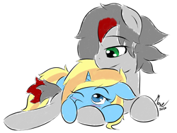 Size: 2000x1500 | Tagged: safe, artist:move, oc, oc:move, oc:skydreams, species:pony, species:unicorn, blue eyes, blushing, colored, crayon drawing, cuddling, cute, duo, female, flat colors, green eyes, male, size difference, snuggling, traditional art