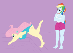 Size: 2142x1542 | Tagged: safe, artist:necrofeline, character:fluttershy, character:rainbow dash, my little pony:equestria girls, barefoot, board shorts, breasts, busty fluttershy, clothing, commission, crossed arms, diving, duo, duo female, feet, female, hairclip, happy, lavender background, one-piece swimsuit, shorts, simple background, sketched background, smiling, standing, swimming pool, swimsuit, tank top, weight gain sequence