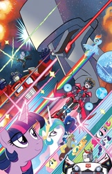 Size: 792x1224 | Tagged: safe, artist:tonyfleecs, idw, official, character:applejack, character:discord, character:fluttershy, character:pinkie pie, character:princess celestia, character:princess luna, character:queen chrysalis, character:rainbow dash, character:rarity, character:spike, character:twilight sparkle, character:twilight sparkle (alicorn), species:alicorn, species:changeling, species:earth pony, species:pegasus, species:pony, species:unicorn, changeling queen, crossover, female, mane seven, mane six, megatron, optimus prime, prowl, royal sisters, transformers, windblade
