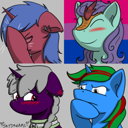 Size: 512x512 | Tagged: safe, artist:skydreams, patreon reward, oc, oc:dioxin, oc:searing cold, oc:sparky showers, oc:wander bliss, species:alicorn, species:bat pony, species:kirin, species:pony, species:unicorn, bat pony alicorn, bat wings, bisexual, bisexual pride flag, blushing, blushing ears, collar, ear piercing, earring, embarrassed, emoji, emotes, facehoof, glasses, hmm, horn, horn piercing, jewelry, nose piercing, patreon, piercing, pride, pride flag, wings