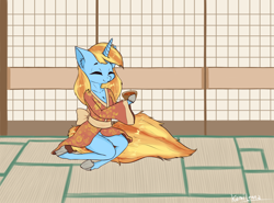 Size: 2700x2000 | Tagged: safe, artist:kamikazelenna, oc, oc only, oc:skydreams, species:pony, commission, eyes closed, female, fluffy tail, food, japanese, mare, semi-anthro, smiling, solo, tatami mat, tea, ych result, yukata