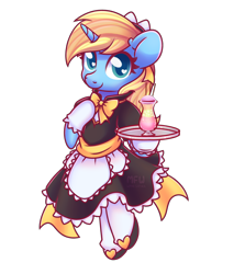 Size: 2208x2480 | Tagged: safe, artist:wavecipher, oc, oc only, oc:skydreams, species:pony, species:unicorn, bipedal, bow, clothing, commission, cute, dawwww, female, heart, heart eyes, maid, maid headdress, mare, simple background, smiling, smiling at you, solo, transparent background, tray, wingding eyes, ych result