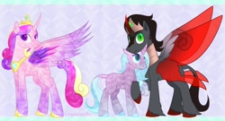 Size: 1600x865 | Tagged: safe, artist:enigmadoodles, idw, character:king sombra, character:princess cadance, character:radiant hope, species:crystal pony, species:pony, crystallized