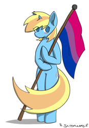 Size: 642x924 | Tagged: safe, artist:skydreams, oc, oc:skydreams, species:pony, species:unicorn, bisexual, bisexual pride flag, blushing, female, mare, pride, pride flag, pride month, simple background, solo, standing, transparent background