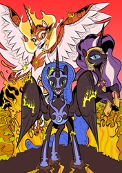 Size: 620x877 | Tagged: safe, artist:jakrat-rosemberd, idw, character:daybreaker, character:nightmare moon, character:nightmare rarity, character:princess celestia, character:princess luna, character:rarity, species:alicorn, species:pony, species:unicorn, evil grin, female, fire, grin, mare, smiling, trio, trio female