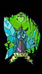 Size: 1080x1896 | Tagged: safe, artist:dragonthecreeper1, idw, character:queen chrysalis, species:changeling, black background, changeling queen, crown, duality, female, glasses, idw showified, jewelry, mirror universe, reflections, regalia, reversalis, signature, simple background, solo, two sides