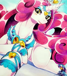 Size: 1806x2048 | Tagged: safe, artist:025aki, idw, character:princess amore, species:pony, species:unicorn, blushing, colored pupils, crown, curly mane, female, horn, jewelry, looking at you, necklace, open mouth, regalia, signature, solo, traditional art, yellow eyes