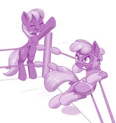 Size: 1280x1361 | Tagged: safe, artist:dstears, idw, character:cheerilee, species:earth pony, species:pony, cherry blossom (idw), digital art, female, flower, flower blossom, mare, monochrome, siblings, sisters, sports, twins, wrestling, wrestling ring