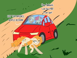 Size: 2000x1494 | Tagged: safe, artist:artiks, artist:ngnir, character:apple bloom, character:applejack, character:pear butter, species:earth pony, species:pony, newbie artist training grounds, apple sisters, atg 2020, car, collaboration, dark comedy, female, filly, foal, mare, misspelling, siblings, sisters, the implications are horrible, this will end in death, this will end in tears, this will end in tears and/or death, we are going to hell