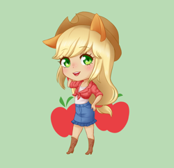 Size: 1324x1282 | Tagged: safe, artist:himo, kotobukiya, character:applejack, species:human, cute, cutie mark background, eared humanization, female, front knot midriff, green background, hand on hip, humanized, jackabetes, kotobukiya applejack, looking at you, midriff, open mouth, pixiv, simple background, solo