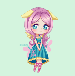 Size: 1200x1220 | Tagged: safe, artist:himo, kotobukiya, character:fluttershy, species:human, :>, clothing, cute, cutie mark background, dress, eared humanization, female, floppy ears, green background, humanized, kotobukiya fluttershy, pixiv, shyabetes, simple background, solo, winged humanization, wings