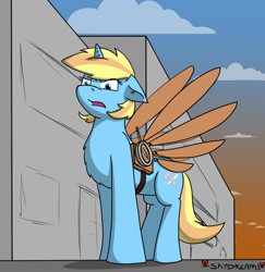 Size: 748x770 | Tagged: safe, artist:skydreams, oc, oc only, oc:skydreams, species:pony, species:unicorn, artificial wings, augmented, building, cloud, disgusted, female, glare, looking at you, mare, solo, sunset, wings
