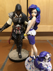 Size: 1536x2048 | Tagged: safe, kotobukiya, character:rarity, species:human, species:pony, species:unicorn, my little pony:equestria girls, anime, assassin's creed, backless, bare shoulders, beautiful, bishoujo, clothing, crossover, ezio auditore, figure, high heels, human ponidox, humanized, jewelry, kotobukiya rarity, legs, miniskirt, self ponidox, shoes, side slit, skirt, sleeveless, standing, statue, stiletto heels, strapless