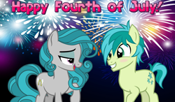 Size: 2064x1204 | Tagged: safe, artist:cheezedoodle96, edit, idw, character:sandbar, 4th of july, blushing, eye contact, fake cutie mark, female, fireworks, holiday, looking at each other, male, night, raised hoof, shipping, straight, swift foot, swiftbar