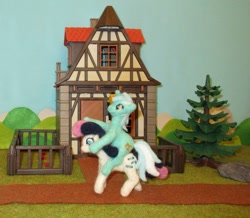 Size: 958x834 | Tagged: safe, alternate version, artist:malte279, character:bon bon, character:lyra heartstrings, character:sweetie drops, species:pony, craft, felt, felting, house, needle felted, playmobil, plushie, ponies riding ponies, riding