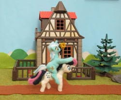 Size: 1024x845 | Tagged: safe, alternate version, artist:malte279, character:bon bon, character:lyra heartstrings, character:sweetie drops, species:pony, craft, felt, felting, house, needle felted, playmobil, plushie, ponies riding ponies, riding