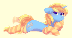 Size: 1886x997 | Tagged: safe, artist:solnuh, oc, oc only, oc:skydreams, species:pony, species:unicorn, blushing, clothing, commission, cute, ear fluff, female, lying down, mare, socks, solo, striped socks, ych result