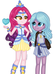 Size: 1200x1624 | Tagged: safe, artist:fantarianna, idw, character:princess amore, character:radiant hope, my little pony:equestria girls, bracelet, cape, clothing, crown, crystal heart, dress, duo, duo female, equestria girls-ified, female, hands behind back, jewelry, looking at each other, necklace, regalia, simple background, transparent background