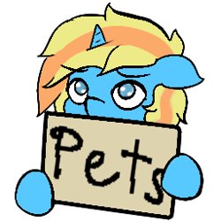 Size: 256x256 | Tagged: safe, artist:move, oc, oc only, oc:skydreams, species:pony, species:unicorn, asking for it, blue eyes, blue fur, emotes, horn, pets, sign, solo, yellow mane