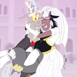 Size: 560x560 | Tagged: safe, artist:jacalope, artist:necrofeline, character:discord, character:lord tirek, species:centaur, species:draconequus, clothing, colored, crossdressing, dress, gay, male, marriage, shipping, tirekcord, wedding dress
