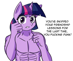 Size: 2111x1772 | Tagged: safe, artist:artiks, character:twilight sparkle, species:anthro, angry, dialogue, female, muscles, simple background, solo, swole, twilight muscle, vulgar, white background