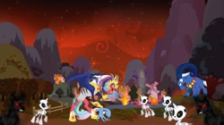 Size: 1280x718 | Tagged: safe, artist:swiftgaiathebrony, idw, character:cosmos, character:grogar, army, army of darkness, bell, bone, burning, cosmageddon, darkness, fight, grogar's bell, it's the end of the world as we know it, ponyville, red sky, shadow, skeleton, skeleton pony