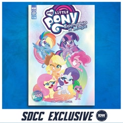 Size: 1000x1000 | Tagged: safe, artist:idwpublishing, idw, official, character:applejack, character:fluttershy, character:pinkie pie, character:rainbow dash, character:rarity, character:spike, character:twilight sparkle, g4.5, my little pony:pony life, comic con, comic con at home, cover, mane seven, mane six, my little pony logo, san diego comic con, sdcc 2020