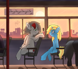 Size: 2250x2000 | Tagged: safe, artist:move, oc, oc only, oc:move, oc:skydreams, species:pegasus, species:pony, species:unicorn, blue eyes, blue fur, blushing, city, glass, gray mane, green eyes, grey fur, looking at each other, looking down, looking up, sitting, sky, smiling, sun, sunset, sunshine, train, window, yellow mane
