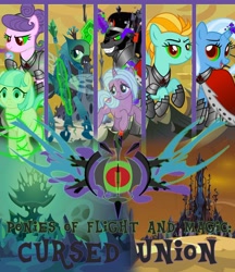 Size: 1024x1185 | Tagged: safe, artist:alphamonouryuuken, idw, character:coco pommel, character:king sombra, character:lightning dust, character:queen chrysalis, character:radiant hope, character:suri polomare, character:trixie, fanfic, fanfic art, fanfic cover