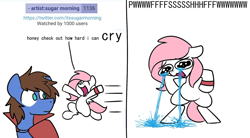 Size: 1280x706 | Tagged: safe, artist:sugar morning, edit, oc, oc:bizarre song, oc:sugar morning, species:pegasus, species:pony, bipedal, color edit, colored, crying, ocular gushers, shitposting, thank you
