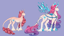 Size: 1403x792 | Tagged: safe, artist:askbubblelee, idw, character:princess amore, species:pony, species:unicorn, crystal wings, curved horn, digital art, female, horn, leonine tail, mare, solo, unshorn fetlocks, wings