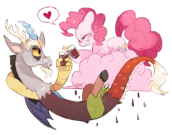 Size: 1280x1002 | Tagged: safe, artist:suikuzu, character:discord, character:pinkie pie, ship:discopie, chocolate rain, cloud, cotton candy, cotton candy cloud, drink, female, food, male, shipping, straight
