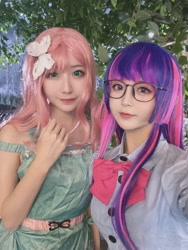 Size: 600x800 | Tagged: safe, artist:ssofia_0612, kotobukiya, character:fluttershy, character:twilight sparkle, species:human, butterfly hairpin, clothing, cosplay, costume, glasses, hairpin, irl, irl human, photo