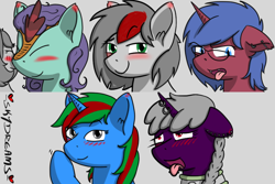 Size: 768x512 | Tagged: safe, artist:skydreams, patreon reward, oc, oc only, oc:dioxin, oc:move, oc:searing cold, oc:sparky showers, oc:wander bliss, species:alicorn, species:bat pony, species:kirin, species:pegasus, species:pony, species:unicorn, ahegao, bat pony alicorn, bat wings, beckoning, blushing, blushing ears, collar, disgusted, emoji, emotes, glasses, horn, horn piercing, looking at you, nuzzling, open mouth, patreon, pierced ears, piercing, smiling, smirk, tongue out, wings
