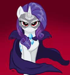 Size: 1700x1836 | Tagged: safe, artist:lennondash, idw, species:pony, species:unicorn, cape, clothing, doctor doom, doctor doomity, female, mare, mask, ponies of dark water, red background, red eyes, simple background, solo