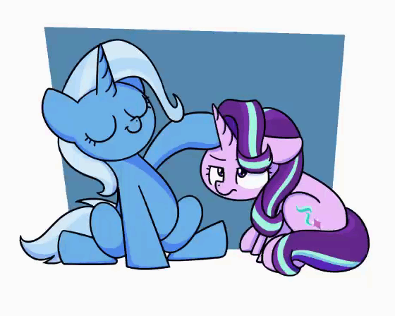 Size: 560x448 | Tagged: safe, artist:sugar morning, character:starlight glimmer, character:trixie, species:pony, species:unicorn, abstract background, animated, cute, duo, eyes closed, frame by frame, head pat, pat, patting, petting, starlight is not amused, sugar morning is trying to murder us, unamused