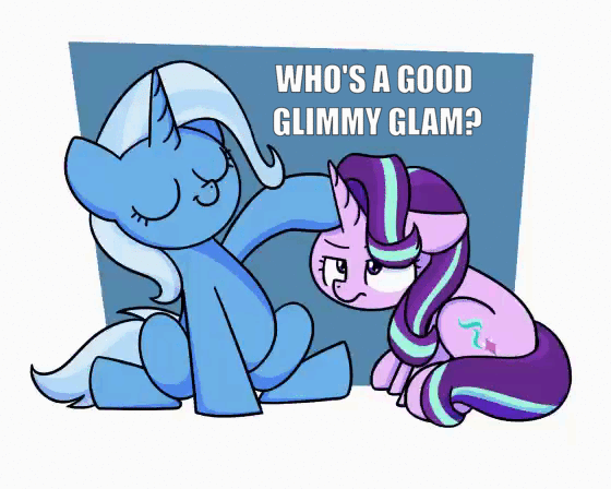 Size: 560x448 | Tagged: safe, artist:sugar morning, edit, character:starlight glimmer, character:trixie, species:pony, species:unicorn, abstract background, animated, cute, duo, eyes closed, female, frame by frame, glimglam, glimmy, head pat, mare, pat, starlight is not amused, text, unamused