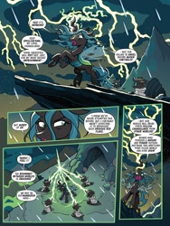 Size: 768x1024 | Tagged: safe, artist:tonyfleecs, idw, character:queen chrysalis, species:changeling, backfire, changeling queen, cloak, clothing, comic, female, imminent crossover, imminent invasion, lightning, this will not end well