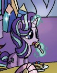 Size: 119x152 | Tagged: safe, artist:agnesgarbowska, idw, character:starlight glimmer, species:pony, species:unicorn, g4, cropped, eating, food, glowing horn, horn, pancakes, solo