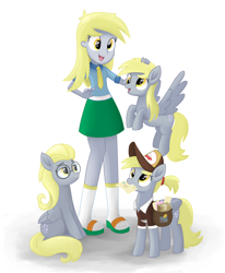 Size: 2800x3400 | Tagged: safe, artist:biocrine, idw, character:derpy hooves, species:pegasus, species:pony, episode:the last problem, g4, my little pony: friendship is magic, my little pony:equestria girls, alternate hairstyle, bright eyes (mirror universe), cute, dark mirror universe, derpabetes, female, glasses, high res, human ponidox, mailmare, mare, mouth hold, multeity, older derpy hooves, open mouth, petting, reflections, self ponidox, simple background, sitting, smiling, white background
