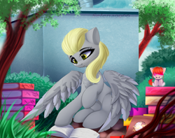 Size: 3800x3000 | Tagged: safe, artist:selena9966, idw, character:derpy hooves, species:pegasus, species:pony, g4, book, bright eyes (mirror universe), high res, i can't believe it's not magnaluna, reflections, solo, underp