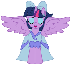 Size: 1024x933 | Tagged: safe, artist:emeraldblast63, idw, character:twilight sparkle, character:twilight sparkle (alicorn), species:alicorn, species:pony, g4, bow, clothing, dress, eyes closed, free comic book day, hair bow, idw showified, simple background, solo, spread wings, transparent background, wings