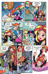 Size: 1988x3056 | Tagged: safe, artist:pencils, edit, idw, character:applejack, character:rainbow dash, character:rarity, character:sunset shimmer, g4, my little pony:equestria girls, basketball, color edit, colored, human coloration, korean, page, robot, sports