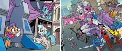 Size: 1390x588 | Tagged: safe, idw, character:blue bobbin, character:coco pommel, character:plaid stripes, character:rarity, g4, arcee, crown, jewelry, kick, manehatten, regalia, starscream, transformers