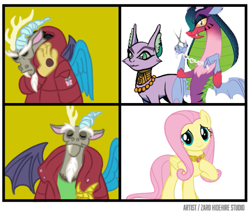 Size: 631x560 | Tagged: safe, artist:zarohidehire, idw, character:baast, character:cosmos, character:discord, character:fluttershy, species:draconequus, species:pegasus, species:pony, g4, cat, female, male