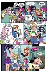 Size: 1988x3056 | Tagged: safe, artist:pencils, edit, idw, character:applejack, character:cranky doodle donkey, character:fluttershy, character:pinkie pie, character:rainbow dash, character:rarity, character:sunset shimmer, character:twilight sparkle, character:twilight sparkle (scitwi), species:eqg human, g4, my little pony:equestria girls, color edit, colored, human coloration, humane five, humane seven, humane six, korean
