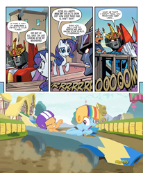 Size: 1988x2415 | Tagged: safe, artist:jack lawrence, artist:luis antonio delgado, edit, idw, character:rainbow dash, character:rarity, character:scootaloo, species:pegasus, species:pony, episode:the cart before the ponies, g4, my little pony: friendship is magic, car, comic, crossover, go kart, helmet, jet, manehattan, my little pony/transformers: friendship in disguise, rarity for you, starscream, transformers