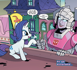 Size: 1988x1802 | Tagged: safe, artist:jack lawrence, artist:luis antonio delgado, idw, character:rarity, g4, arcee, comic, crossover, cute, darling, fist bump, hoofbump, manehattan, my little pony/transformers: friendship in disguise, raribetes, rarity for you, size difference, to be continued, transformers