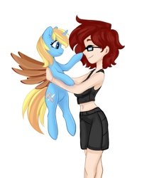 Size: 3600x4500 | Tagged: safe, artist:shooshaa, oc, oc only, oc:skydreams, species:human, species:pony, species:unicorn, g4, artificial wings, augmented, belly button, boop, clothing, commission, cute, female, glasses, holding a pony, human female, human on pony snuggling, mare, mechanical wing, midriff, profile, red hair, short shirt, shorts, snuggling, wings, ych result