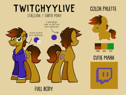 Size: 2840x2160 | Tagged: safe, artist:sugar morning, oc, oc only, oc:twitchyylive, species:earth pony, species:pony, g4, clothing, cutie mark, jacket, male, piercing, reference sheet, simple background, solo, stallion, text